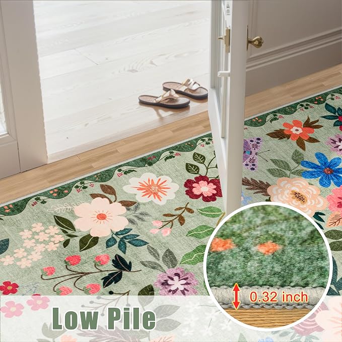 PLHXFR Area Rug 10x14 Living Room: Floral Washable Boho Soft Carpet Green | - Image 8