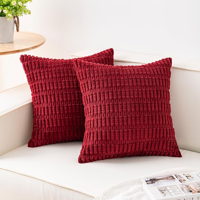 Pack of 2 Corduroy Decorative Throw Pillow Covers 16x16 Inch, Wine Red | Fall by Unknown