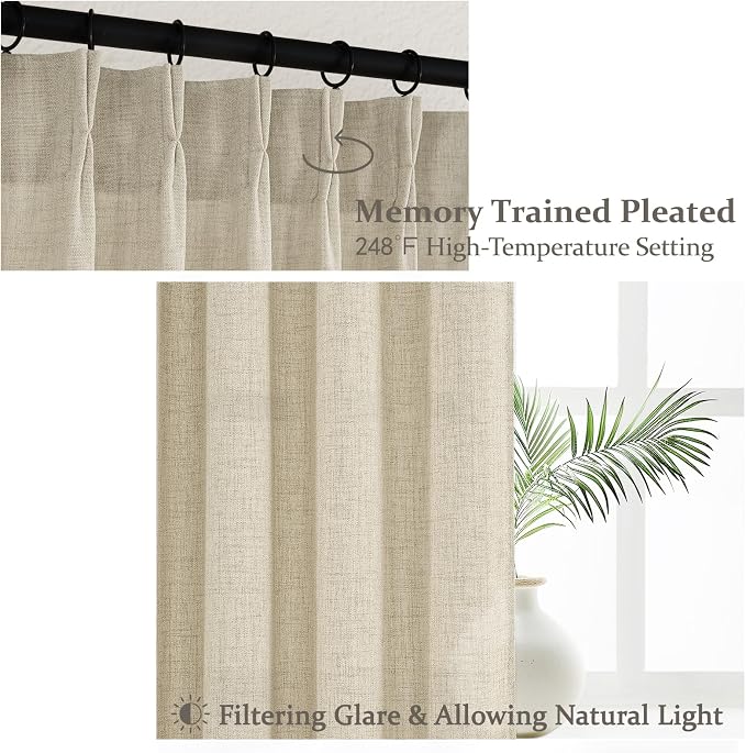 Unique Light Brown Pinch Pleat Thick Linen 86 Inch Office Curtains 2 Panels Set - Image 4