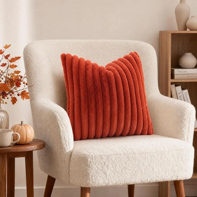 decorUhome Fall Faux Fur Throw Pillow Covers 24x24 Set of 2 Rust | Decorative - Image 4