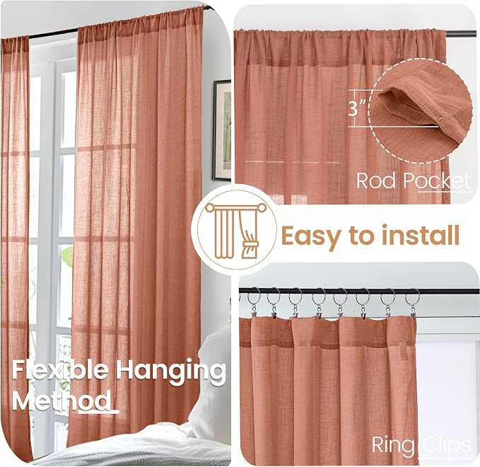 BGment Terracotta Linen Curtains 48 Inch Length, Burnt Orange Light Filtering - Image 6