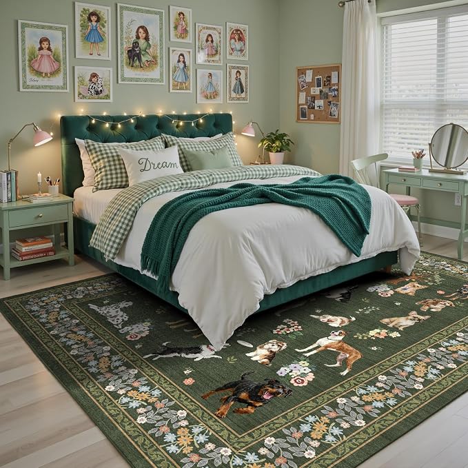 Dark Green Area Rug 5x7 for Living Room Bedroom | Ultra-Thin;Boho Style; Non - Image 5