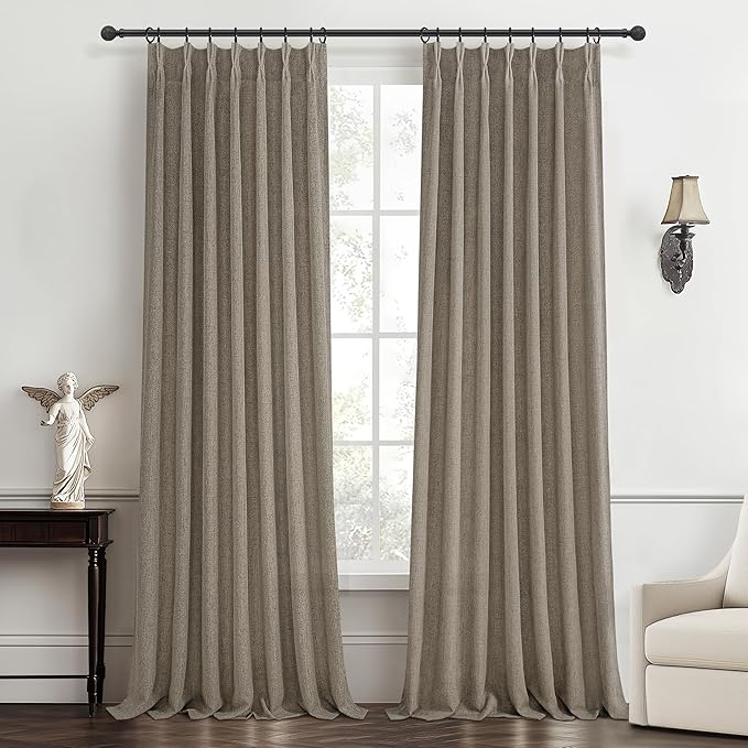 Dark Flax Pleated Natural Linen 95 Inch Long Curtains 2 Panel Set by PleatedDrapes