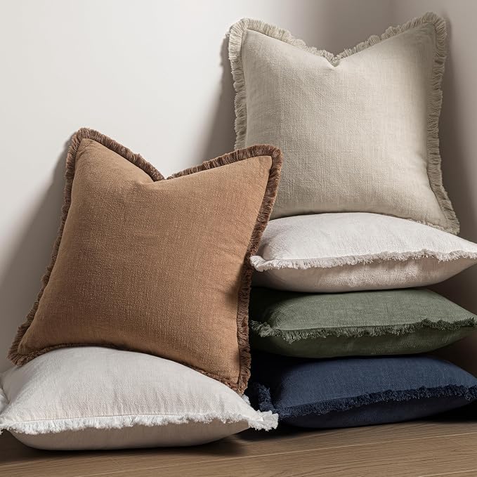 MIULEE Linen Fringe Decorative Fall Euro Throw Pillow Covers Brown 24x24 | Set - Image 5