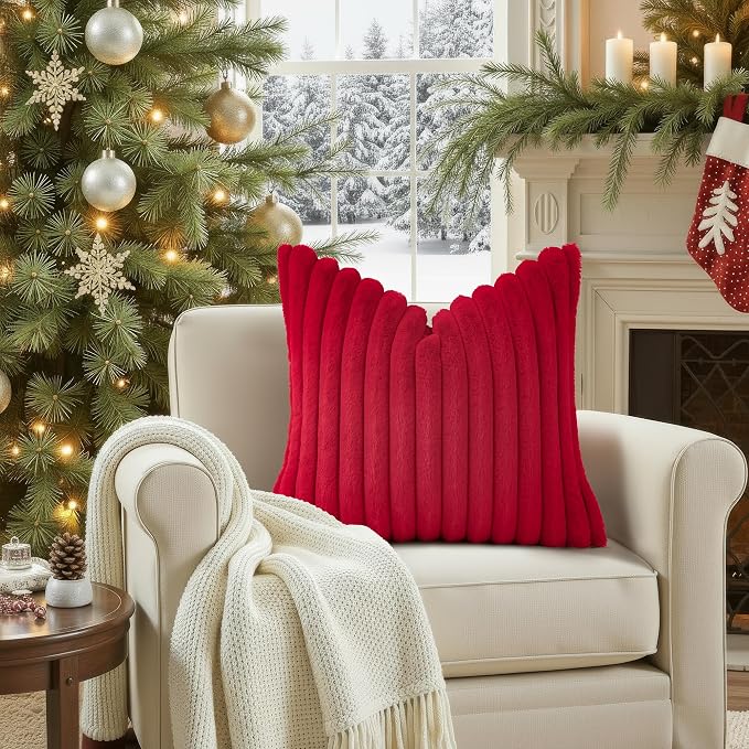 decorUhome Fall Faux Fur Throw Pillow Covers 26x26 Set of 2 Red | Decorative - Image 4