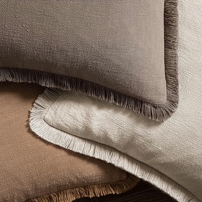 MIULEE Linen Fringe Decorative Fall Euro Throw Pillow Covers Coffee 22x22 | Set - Image 4