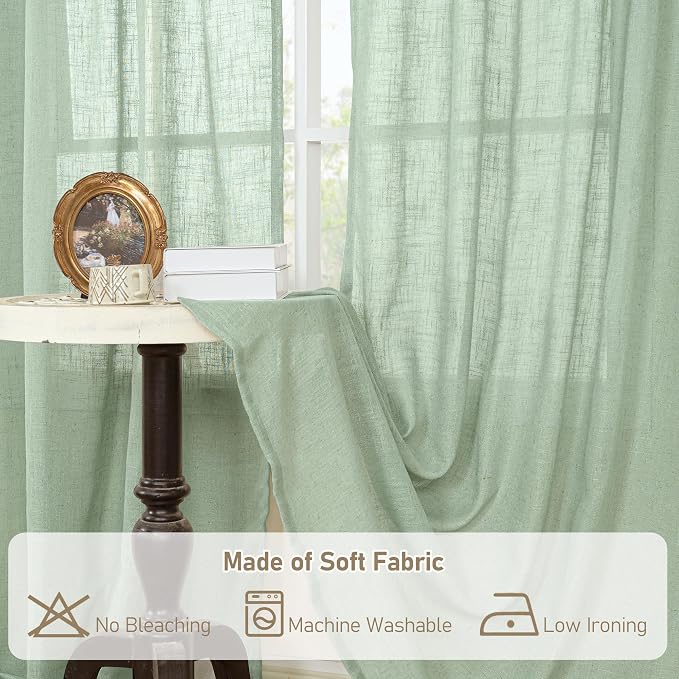 54 Inch Semi Sheer Window Linen Curtains, Light Filtering Panels | Faux Linen - Image 8
