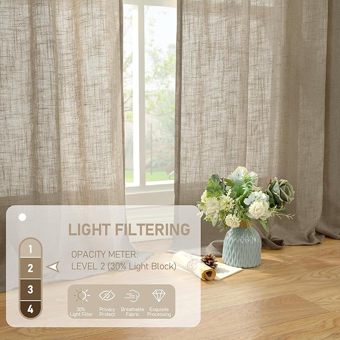 54 Inch Semi Sheer Window Linen Curtains, Light Filtering Panels | Faux Linen - Image 4
