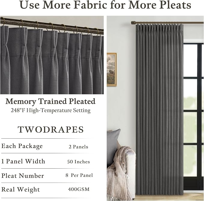 Dark Grey Pinch Pleated Linen Semi Sheer Curtains - Image 4