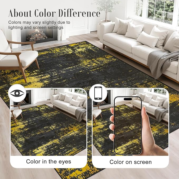 Area Rug Living Room: 4x6 Modern Washable Soft Carpet Black Gold | - Image 4