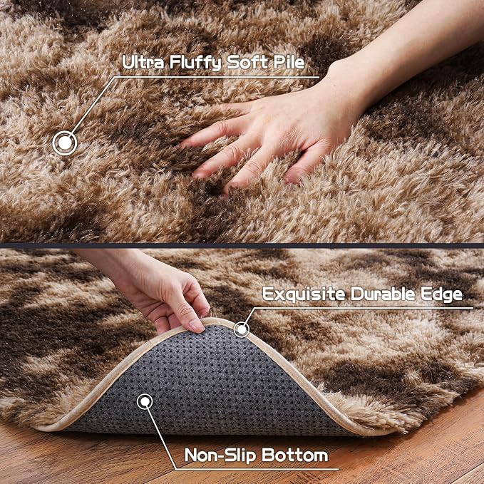 Pionblank Fluffy Runner Rugs for Bedroom 2x6, Tie-Dyed Coffee | Modern Shaggy - Image 7