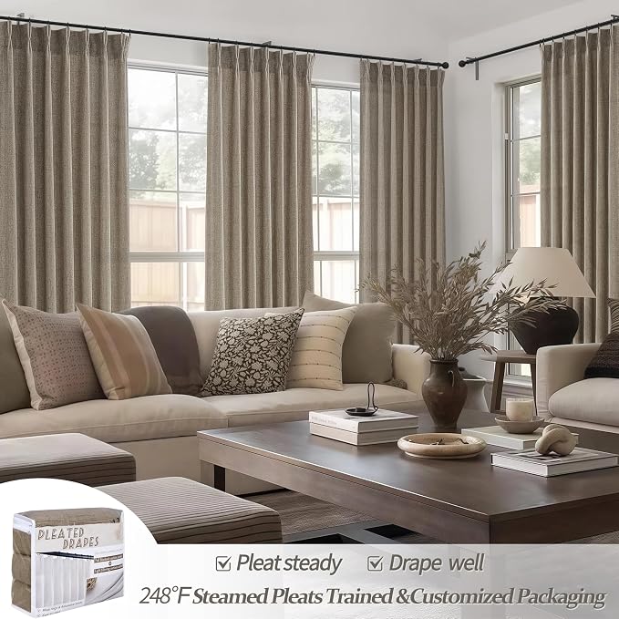 Dark Flax Pleated Natural Linen 95 Inch Long Curtains 2 Panel Set - Image 6