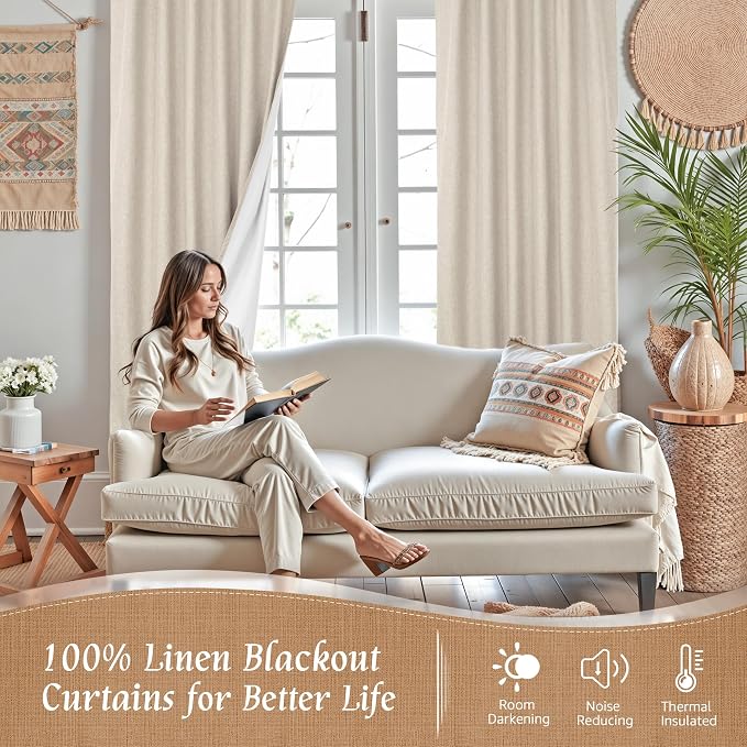 Natural 100% Blackout Linen Curtains 48 Inches - Image 2