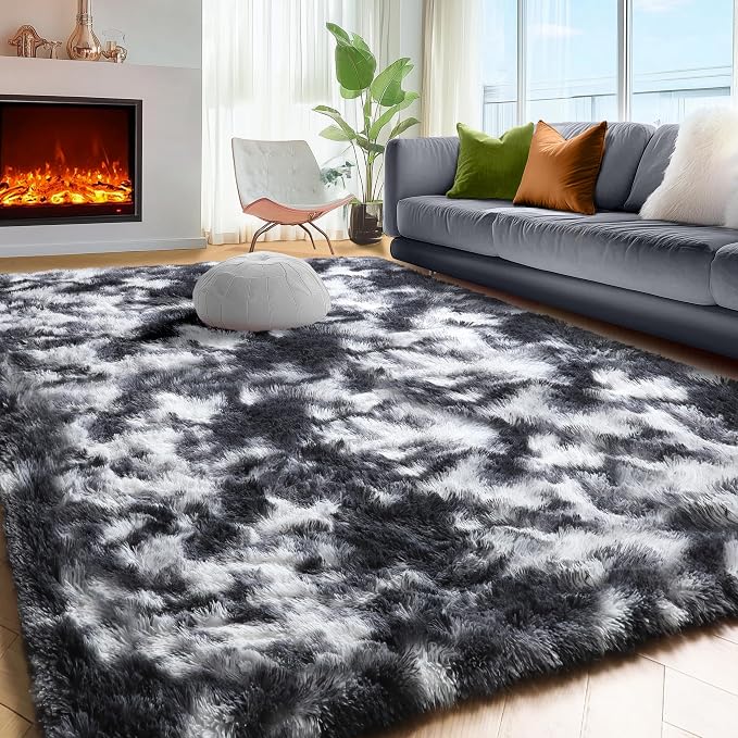 Black White Rugs for Living Room 6x9, Shag Fuzzy Fluffy Rugs for Bedroom Kids - Image 3