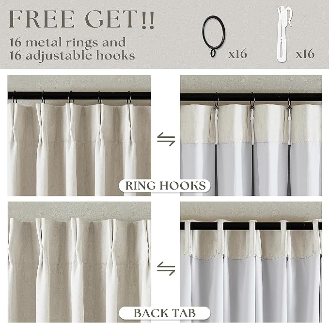 Blackout Linen Curtains 126 Inches Long Pinch Pleated 2 Panels Natural | - Image 6