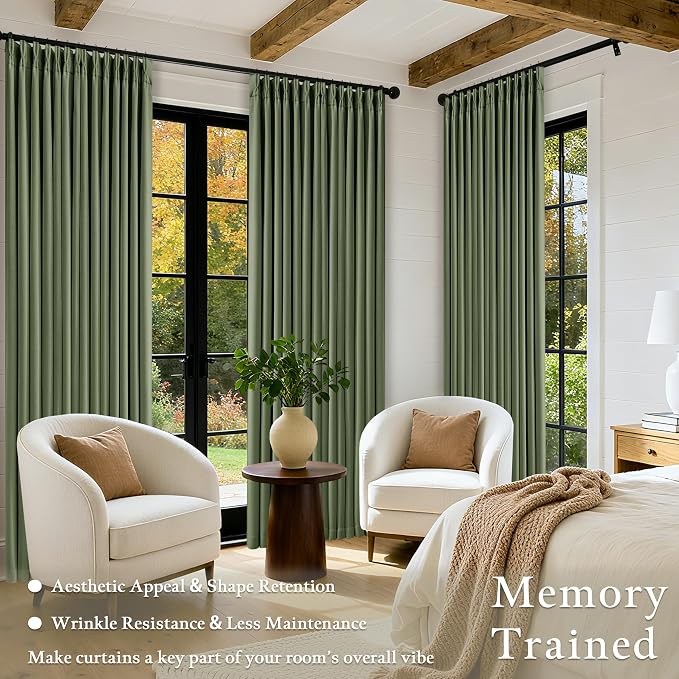 105 Inch Olive Green Linen Pinch Pleated Blackout Curtains - Image 4