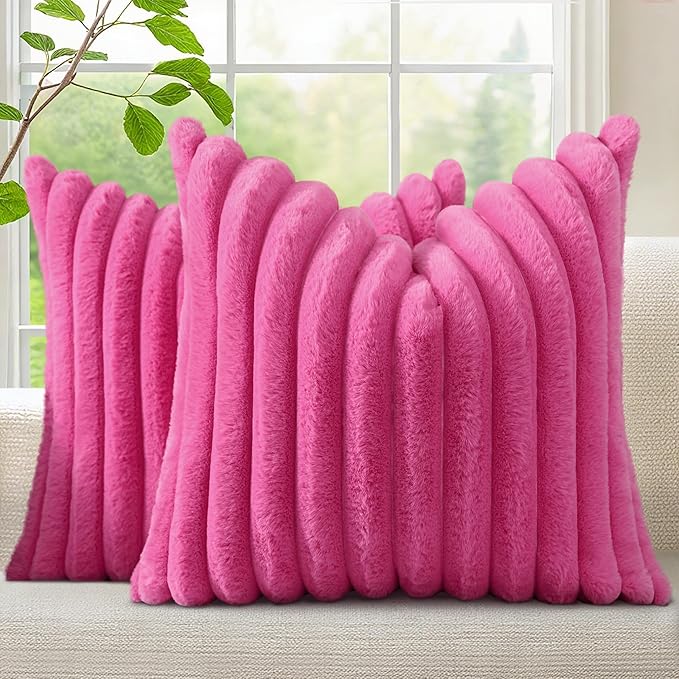 decorUhome Fall Faux Fur Throw Pillow Covers 22x22 Set of 2 Hot Pink | by decorUhome
