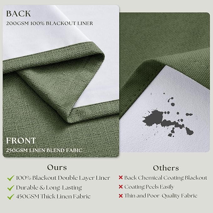 105 Inch Olive Green Linen Pinch Pleated Blackout Curtains - Image 6