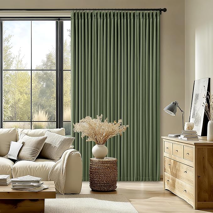 80 Inch Olive Green Linen Pinch Pleated Blackout Curtains - Image 8