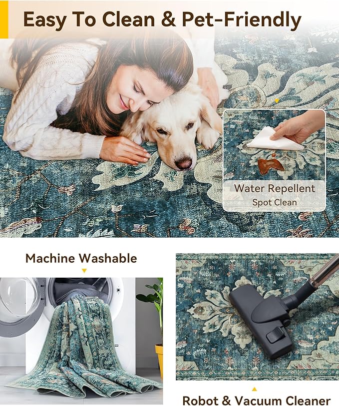 RELEANY Washable Area Rug, Water Repellent, Pet Friendly, Vintage Floral Boho - Image 6