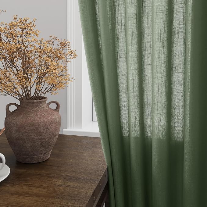 Olive Green Linen Blend Semi Sheer Light Filtering Curtains 78 Inches Long 2 - Image 2