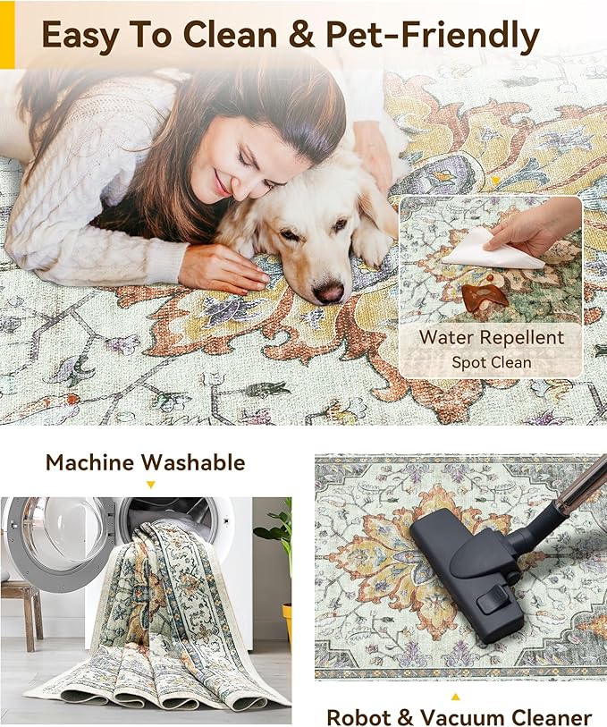 RELEANY Washable Area Rug, Water Repellent, Pet Friendly, Vintage Floral Boho - Image 3
